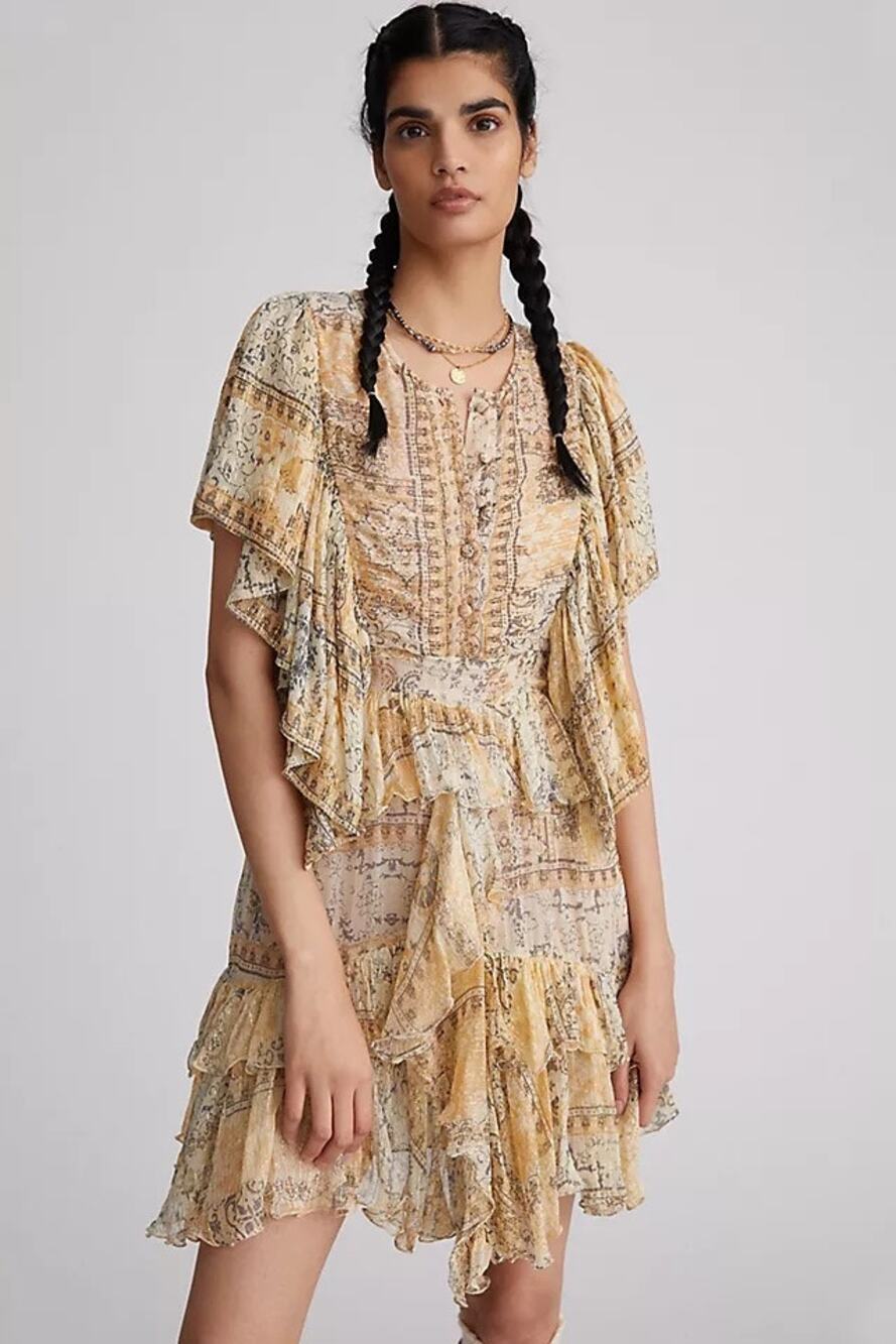 Mes Demoiselles Ruffled Shimmer Mini Dress Gold Boho Anthropologie EUC EU 40
